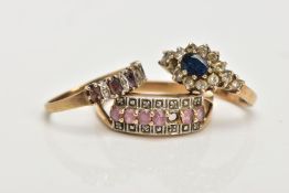 THREE 9CT GOLD GEM SET RINGS, the first a sapphire and paste cluster ring, ring size J, the second