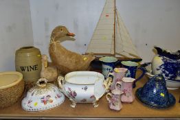 A GROUP OF CERAMICS, MANTEL CLOCK AND LARGE HOME DECOR ITEMS, to include a wooden model yacht,