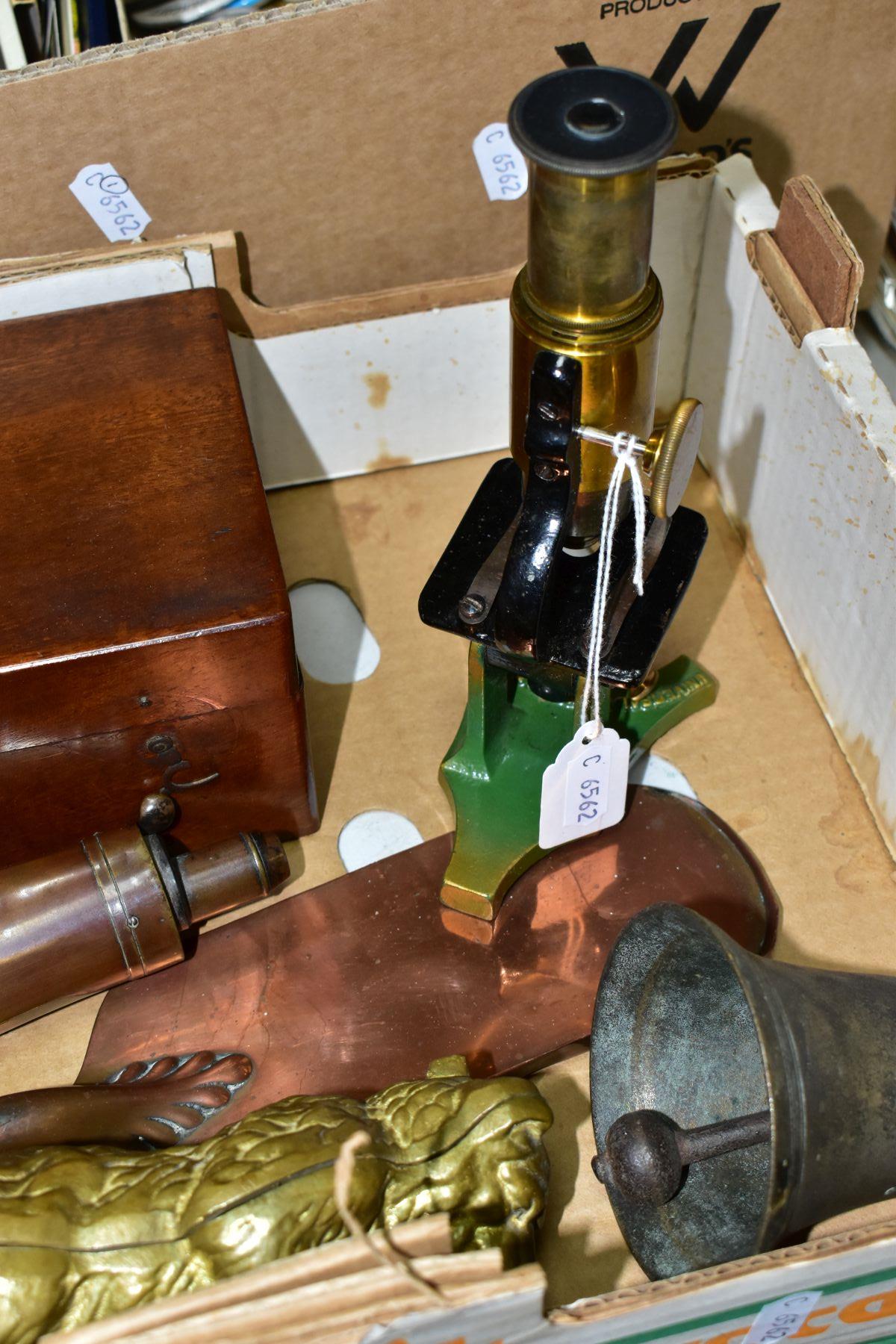A BOX OF METALWARES AND COLLECTABLES, including a mahogany cased 'Universal Household Microscope', a - Image 4 of 6