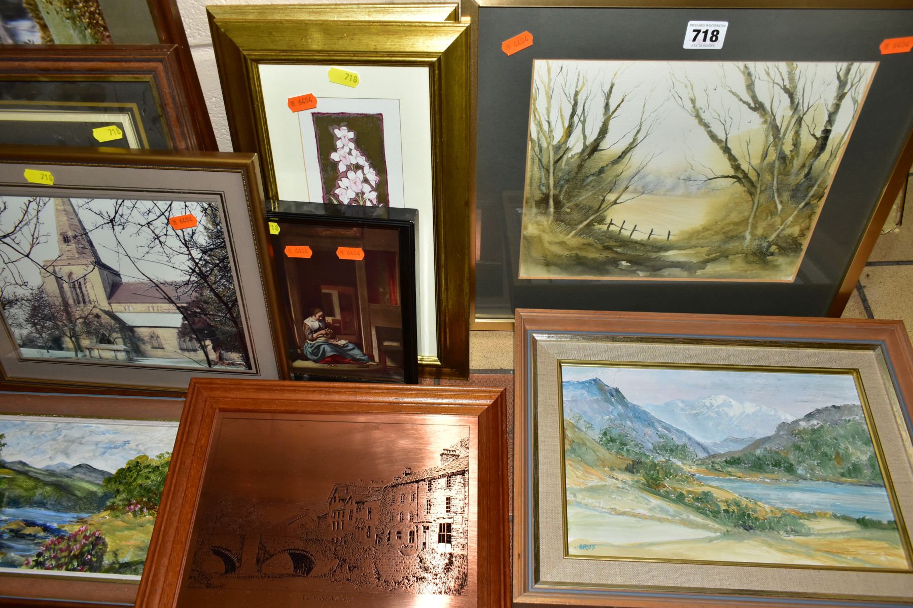 A GROUP OF PAINTINGS AND PRINTS, ETC, including modern watercolours of flowers and birds, two Rene