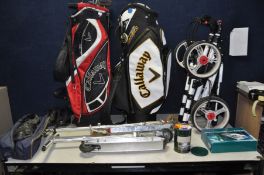 TWO CALLAWAY GOLF BAGS including seven Maxfli golf clubs, a Dunlop Four Wheel golf trolley, a
