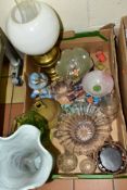 A BOX OF GLASS, CERAMICS AND DIECAST TOYS, ETC, including a Milan San Cristoforo porcelain blue