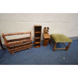 A GEORGIAN STYLE OAK CANDLE BOX, along with a stool, small storage unit and a magazine rack (4)