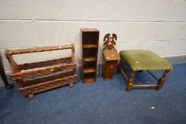 A GEORGIAN STYLE OAK CANDLE BOX, along with a stool, small storage unit and a magazine rack (4)