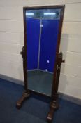 AN EARLY VICTORIAN MAHOGANY CHEVAL MIRROR, with turned and fluted uprights, width 75cm x height