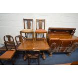 A 1940'S OAK DINING SUITE, comprising a draw leaf table, six chairs, and a sideboard (condition:-