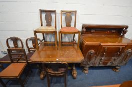 A 1940'S OAK DINING SUITE, comprising a draw leaf table, six chairs, and a sideboard (condition:-