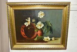 BRITISH SCHOOL FIRST HALF 20TH CENTURY, still life of white flowers in a vase, unsigned, oil on