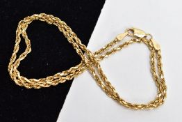 A CHAIN NECKLACE, the rope twist chain with spring release clasp, stamped 14k, length 410mm,