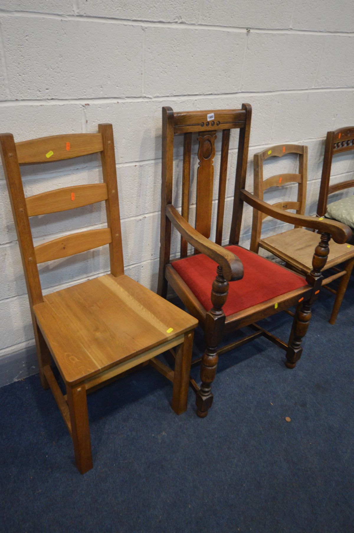 FIVE VARIOUS CHAIRS including an early 20th century arm chair with red insert seat pad, a light - Image 2 of 2