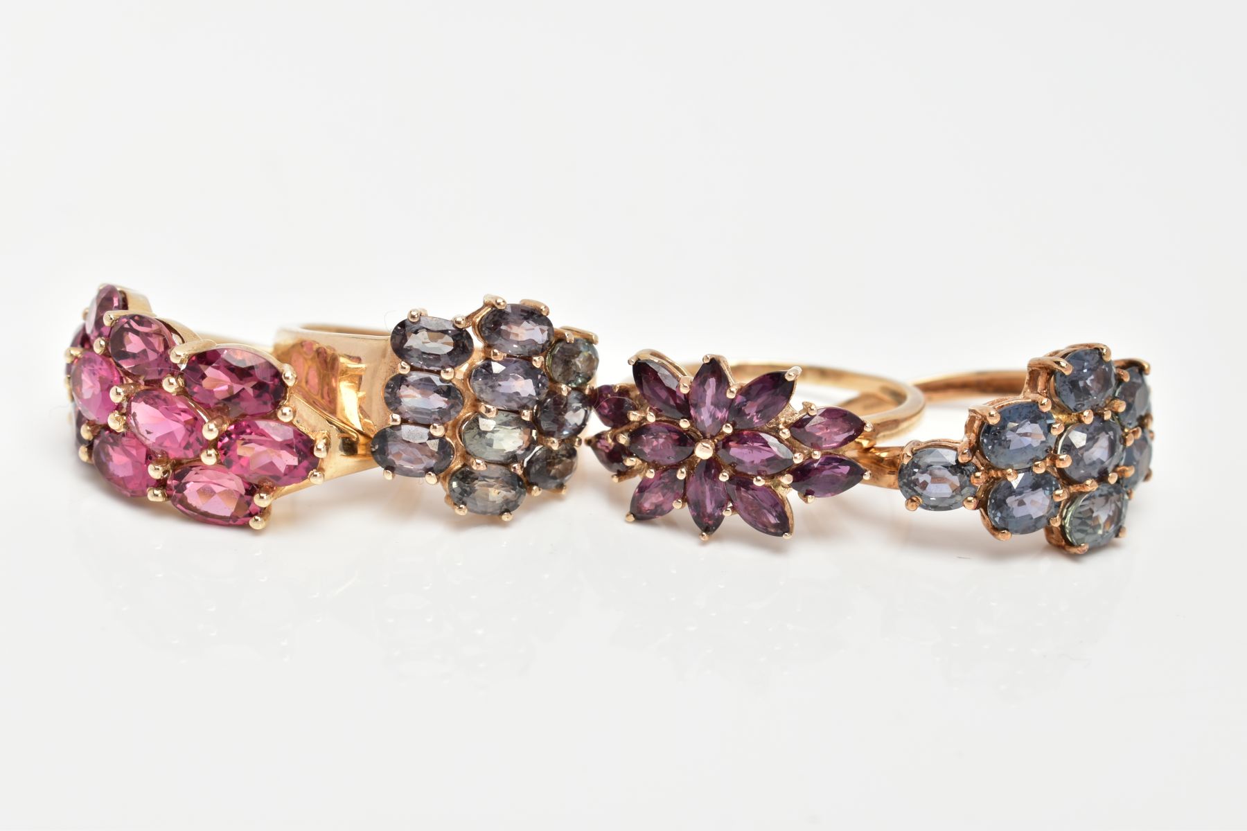 FOUR 9CT GOLD GEM SET DRESS RINGS, the first a cluster of oval cut pink tourmaline, ring size N, the - Image 2 of 3