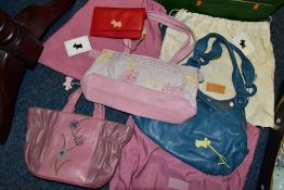 THREE RADLEY HANDBAGS AND A RADLEY PURSE, the purse in red leather, used condition, width 19cm,