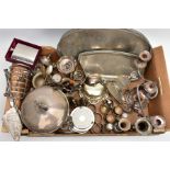 A BOX OF WHITE METAL WARE, to include a large oval silver-plated tray with a pierced rim, a boxed