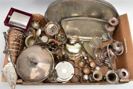 A BOX OF WHITE METAL WARE, to include a large oval silver-plated tray with a pierced rim, a boxed