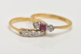 TWO YELLOW METAL DIAMOND RINGS, the first a three stone ring set with a central square cut ruby,