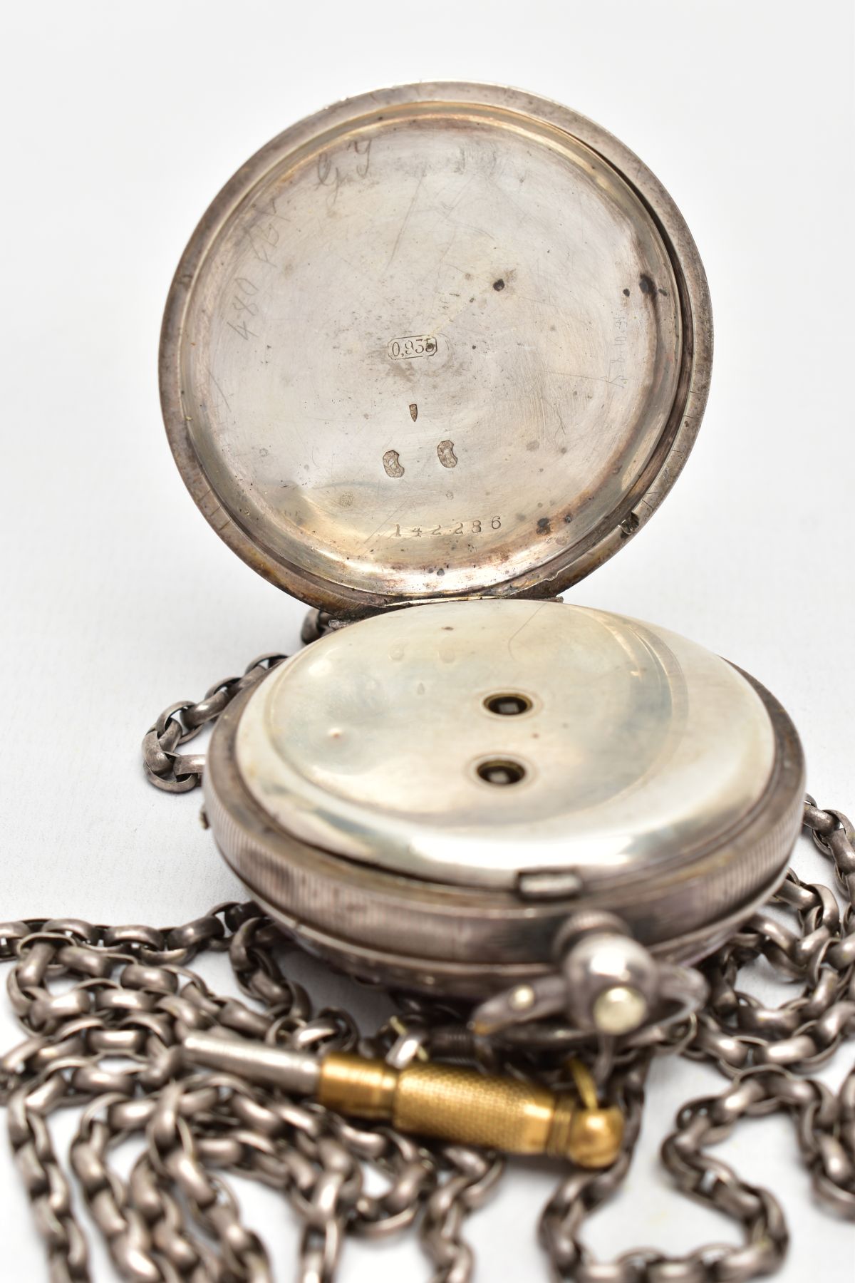 A WHITE METAL OPEN FACE POCKET WATCH WITH ALBERT CHAIN, the watch with a round white dial signed ' - Image 4 of 5