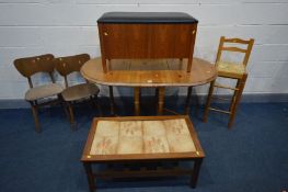 A PINE OVAL GATE LEG TABLE, pine high stool, a pair of walnut butterfly chairs, teak blanket box