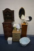 AN OAK GLAZED CANTED HANGING UNIT, oak effect three drawer file cabinet, another three drawer file