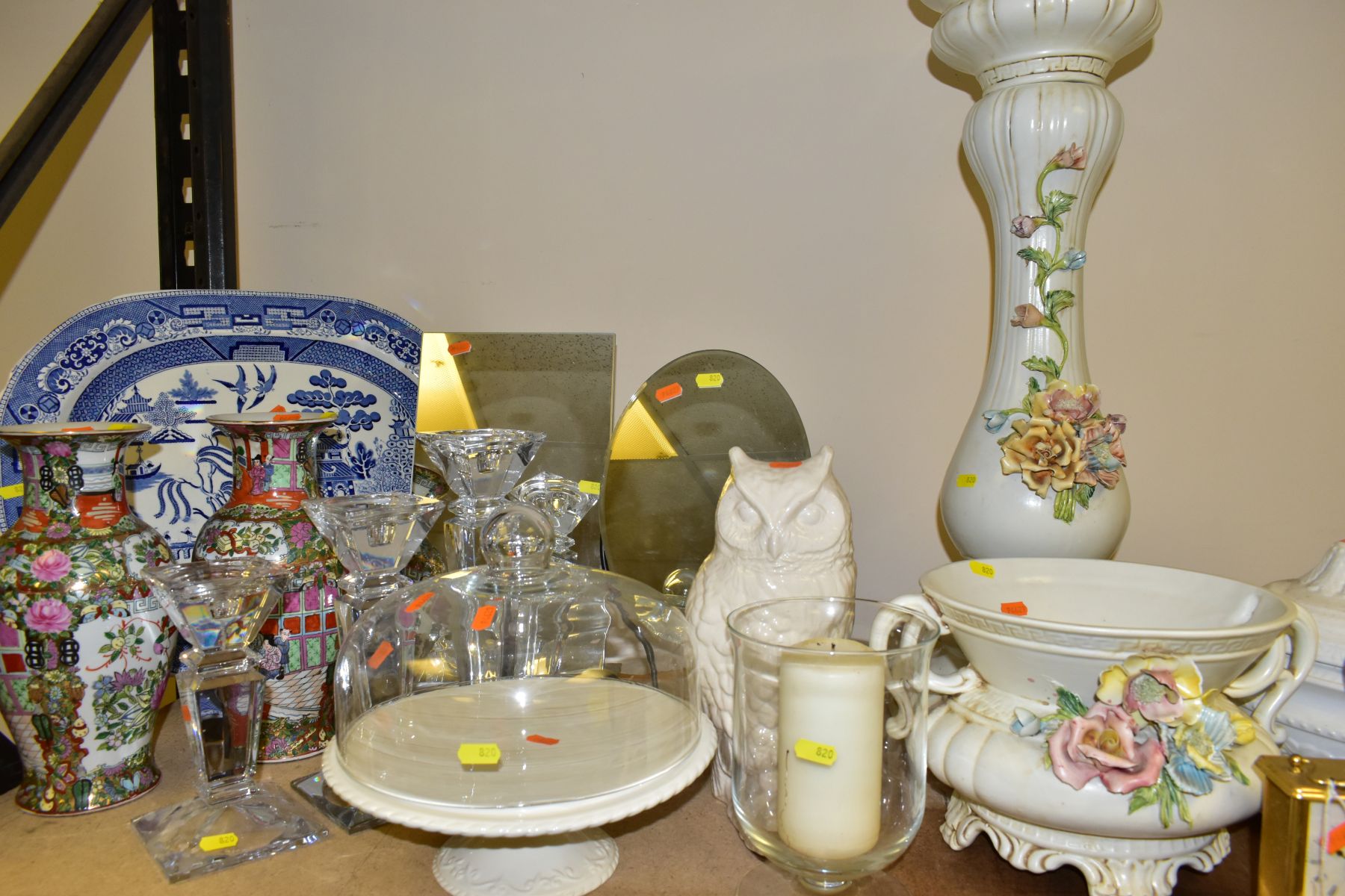 A QUANTITY OF CERAMICS, GLASS, QUARTZ CLOCKS, etc, including a late 19th Century large meat plate