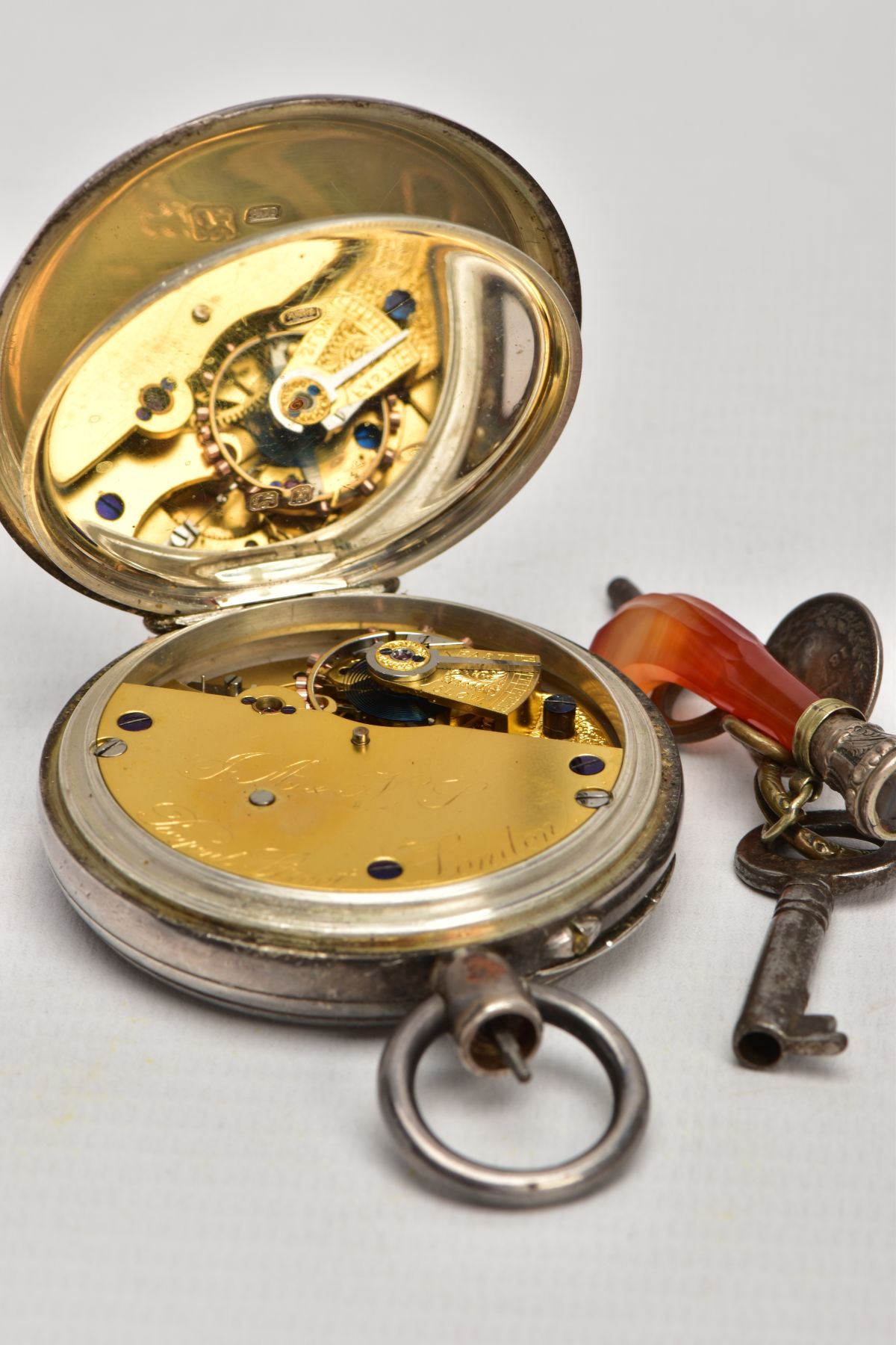 A SILVER OPEN FACE POCKET WATCH, WATCH KEY AND FOBS, the pocket watch, with a round white dial - Image 5 of 6