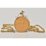 A SOVEREIGN PENDANT AND CHAIN, the 1906 Edward VII sovereign within a 9ct scrolling mount