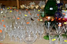 A QUANTITY OF CUT AND COLOURED GLASS to include six Edinburgh crystal wine glasses, unbranded set of