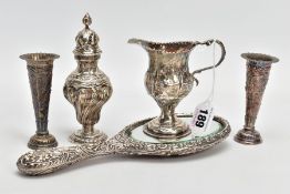 A 'THOMAS SHEPERD' MILK JUG, A SILVER SUGAR CASTER, A PAIR OF POSY VASES AND A MIRROR, the silver