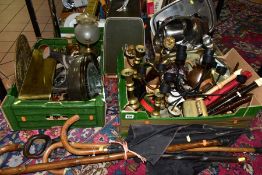 THREE BOXES AND LOOSE SUNDRY AND METALWARE ITEMS, etc, to include brass candlesticks, Singer