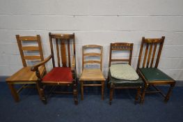 FIVE VARIOUS CHAIRS including an early 20th century arm chair with red insert seat pad, a light