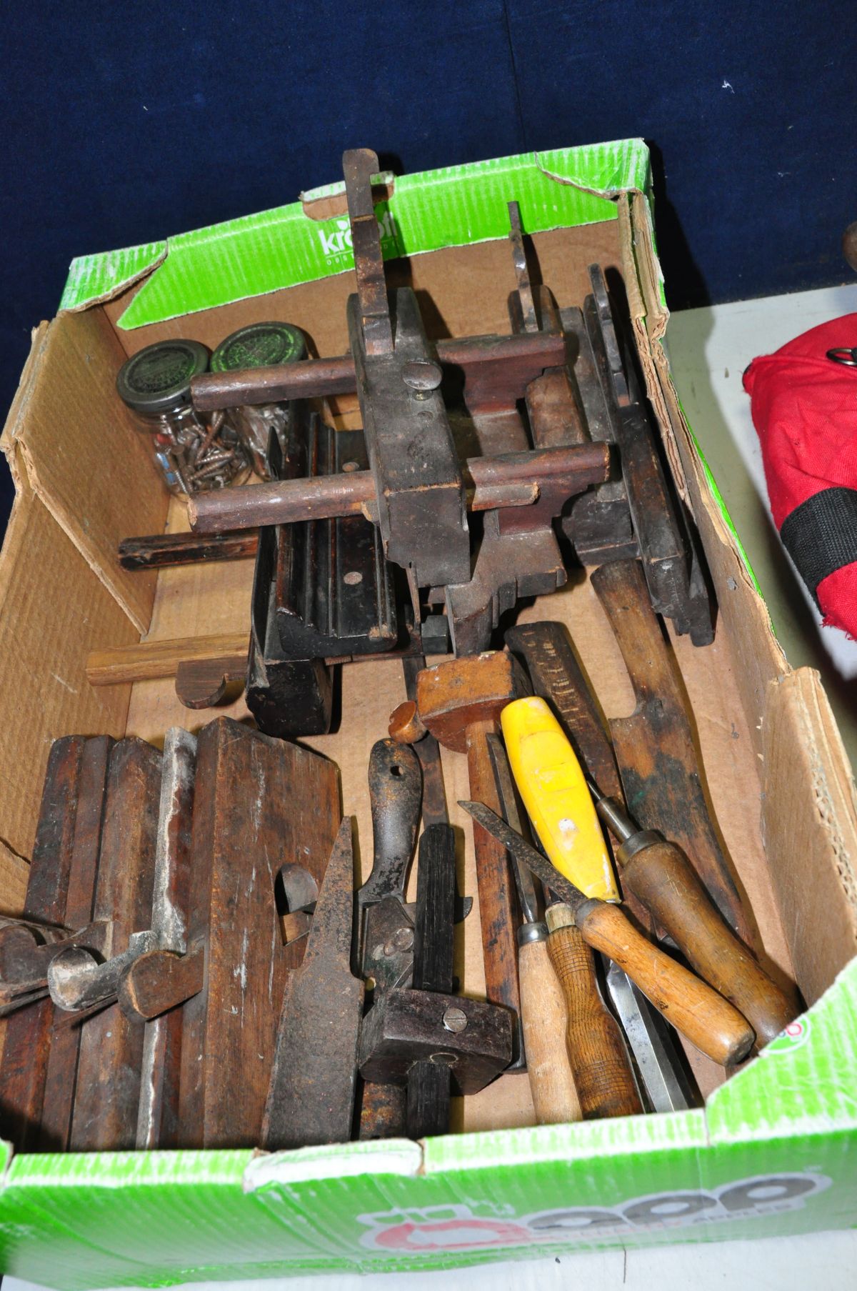 TWO BAGS AND A BAG CONTAINING VINTAGE TOOLS including wooden moulding and plough planes, a bow - Image 2 of 4