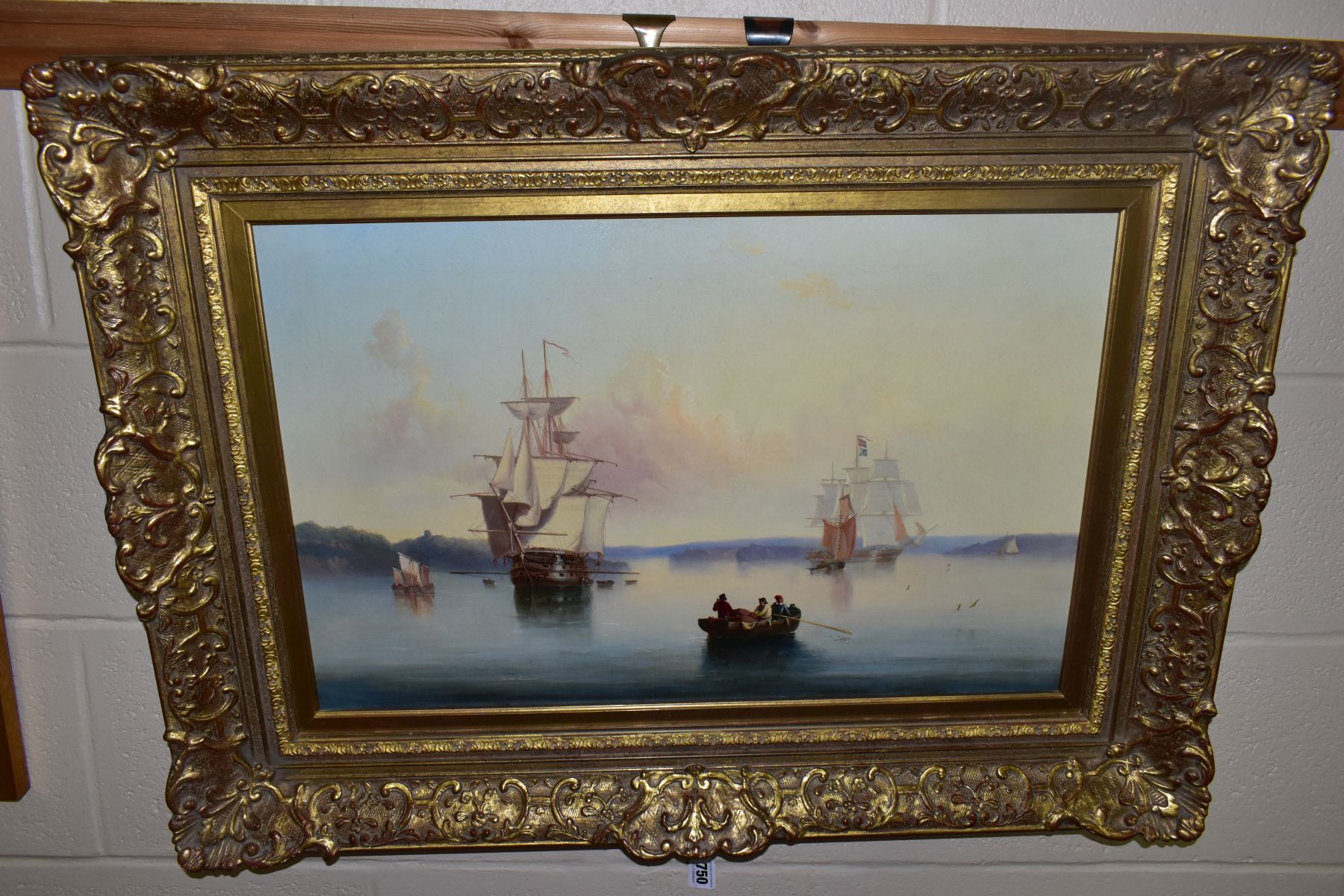 A HISTORIC MARITIME HARBOUR SCENE POSSIBLY PLYMOUTH SOUND, with square rigged gunships and figures