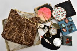 A BOX OF MISCELLANIEOUS ITEMS, to include a lady's gold tone beaded bag fitted with a yellow metal