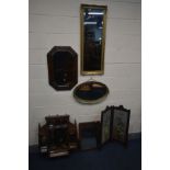 A QUANTITY OF MIRRORS AND OCCASSIONAL FURNITURE comprising an Edwardian hanging bevel edged mirror