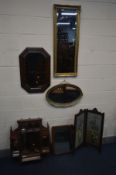 A QUANTITY OF MIRRORS AND OCCASSIONAL FURNITURE comprising an Edwardian hanging bevel edged mirror