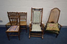 AN EDWARDIAN BEECH AMERICAN ROCKING CHAIR, along with a bergère back elbow chair, and four other