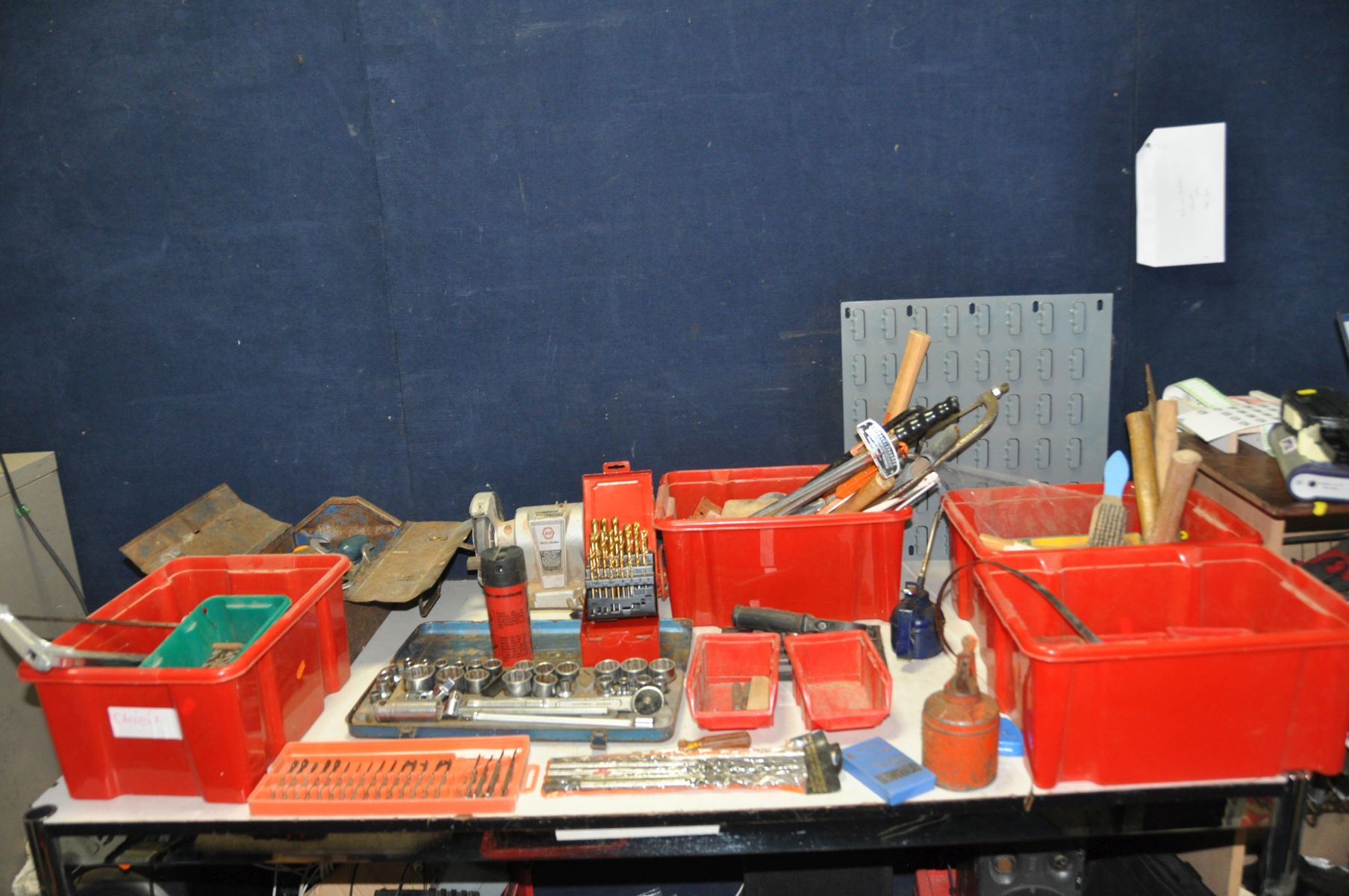 FOUR TRAYS AND A METAL TOOLBOX containing hand tools including a vintage Black and Decker Bench