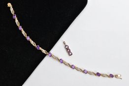 A 9CT GOLD AMETHYST AND DIAMOND LINE BRACELET AND PENDANT, the line bracelet set with ten oval cut