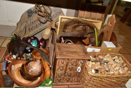TWO BOXES, A WICKER BASKET AND LOOSE SUNDRY ITEMS/WOODEN ITEMS, ETC, to include a modern table top