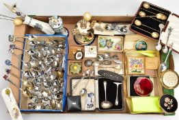 A BOX OF MISCELLANEOUS ITEMS, to include various teaspoons, mainly EPNS, mainly souvenir spoons,