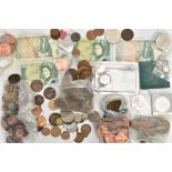 A PLASTIC BOX CONTAINING MAINLY UK COINS TO INCLUDE:A packet of uncirculated George V1 Farthing