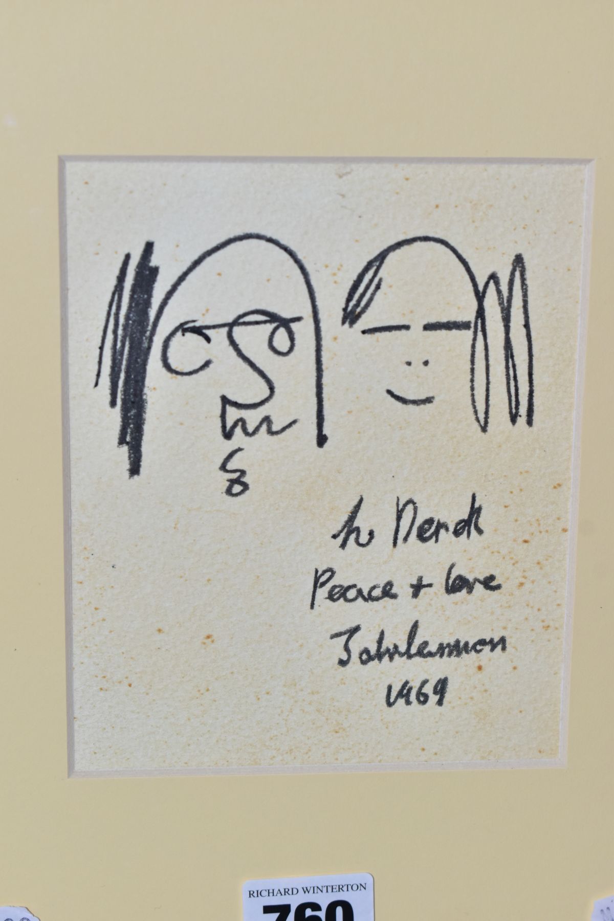 JOHN LENNON, a framed drawing attributed to John Lennon and signed 'To Derek Peace + Love John - Image 2 of 4