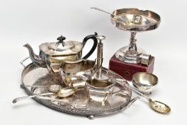 A BOX OF ASSORTED WHITE METAL WARE, to include a silver-plated dish, an oval white metal tray fitted