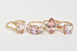 FOUR 9CT GOLD GEM SET DRESS RINGS, three set with various cut morganite, one also has tapered cut