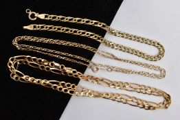 TWO 9CT GOLD CHAIN NECKLACES AND A 9CT GOLD CHAIN BRACELET, to include a figaro necklace chain and a