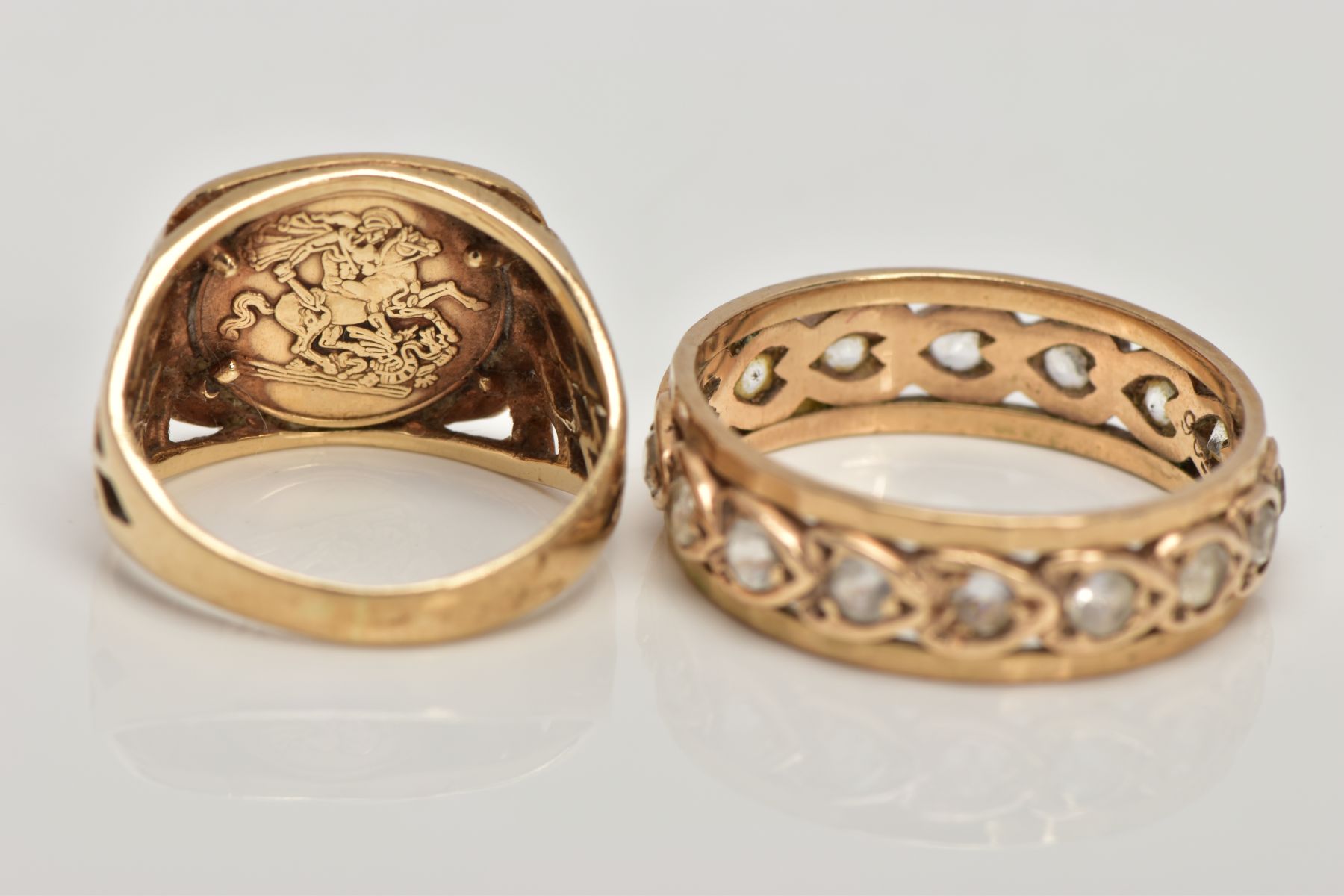 A 9CT GOLD SIGNET RING AND A YELLOW METAL FULL ETERNITY RING, the signet ring set with a small coin, - Image 3 of 3