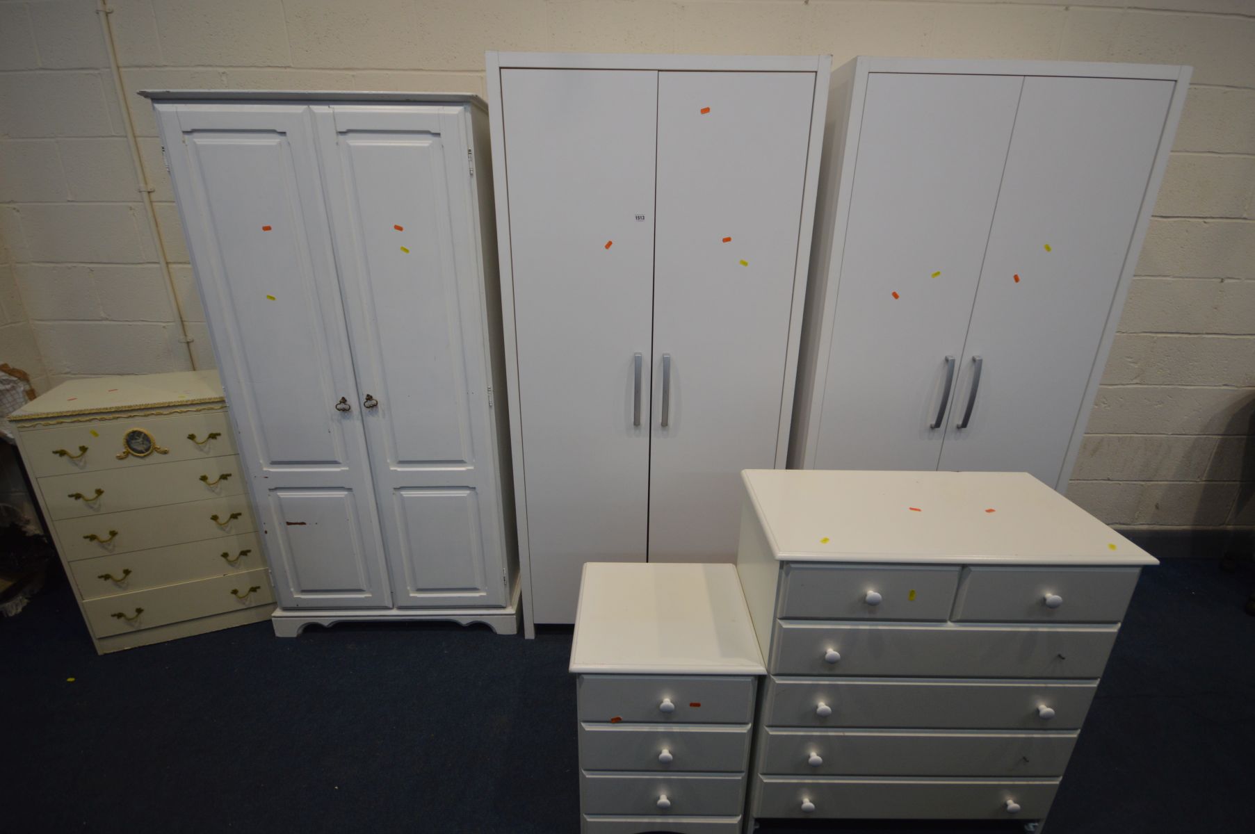 SIX VARIOUS PIECES OF WHITE BEDROOM FURNITURE, to include two double door wardrobes, a painted