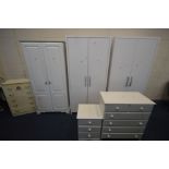 SIX VARIOUS PIECES OF WHITE BEDROOM FURNITURE, to include two double door wardrobes, a painted