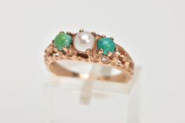 A TURQUOISE AND CULTURED PEARL RING, the textured and pierced band claw set with a central