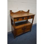 AN ARTS AND CRAFTS OAK BUFFET, with a raised back, two drawers and double panelled cupboard doors,