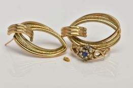 A PAIR OF EARRINGS, A RING AND A SMALL GOLD NUGGET, the 9ct gold earrings designed as an open triple